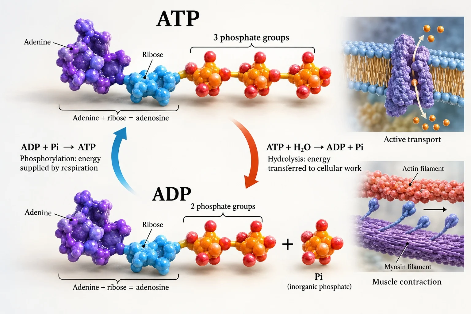 ATP hydrolysis transfers energy to cellular work; respiration supplies energy for ATP regeneration.