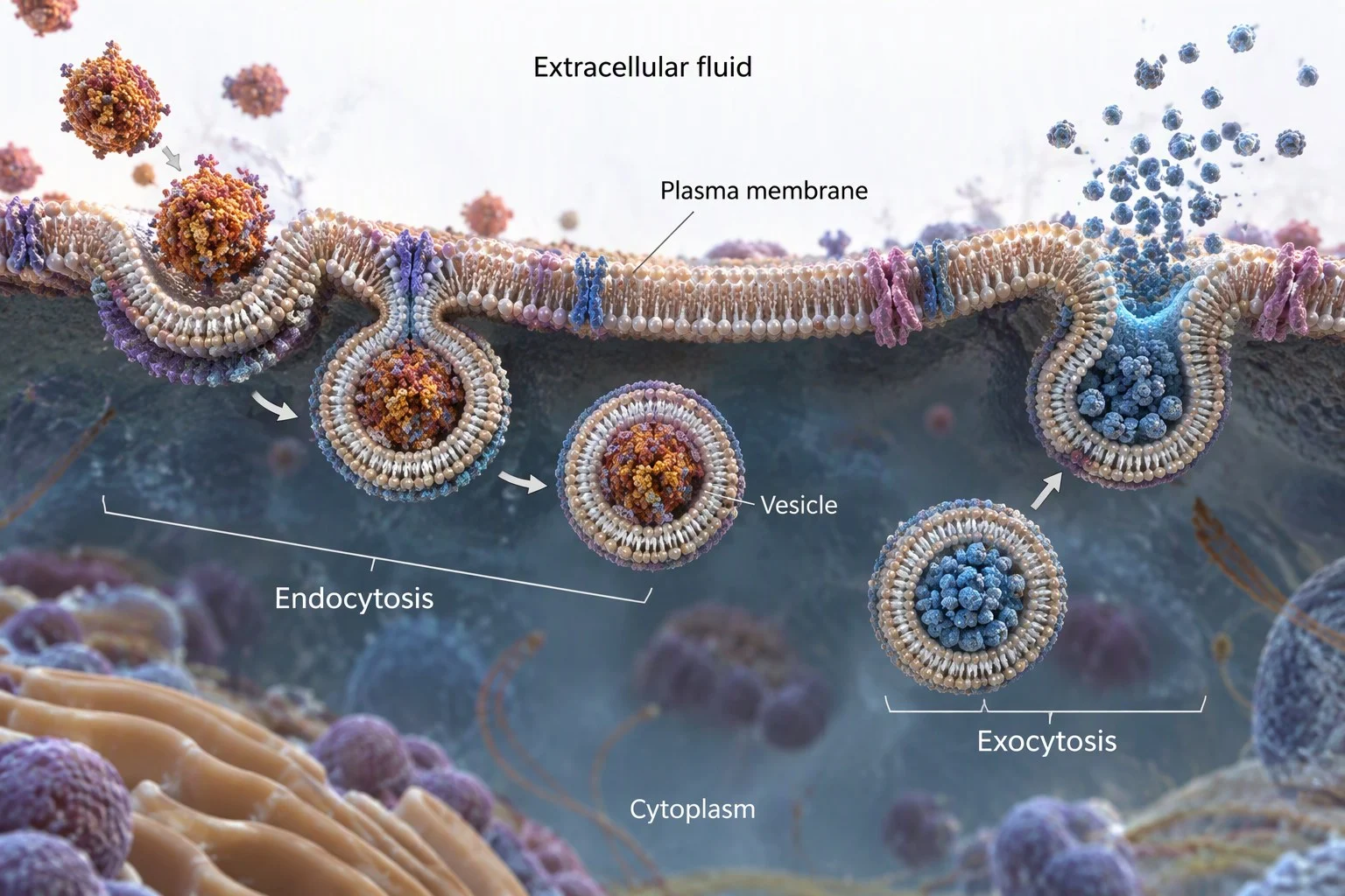 Bulk transport across the plasma membrane: endocytosis and exocytosis
