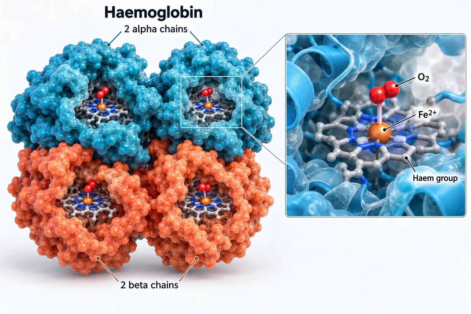 Haemoglobin is a compact globular protein with four interacting subunits.