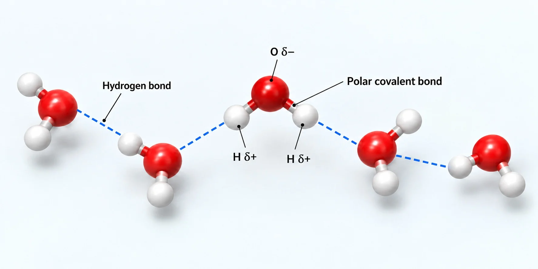 Polar water molecules joined by intermolecular hydrogen bonds; O–H bonds within each molecule are covalent