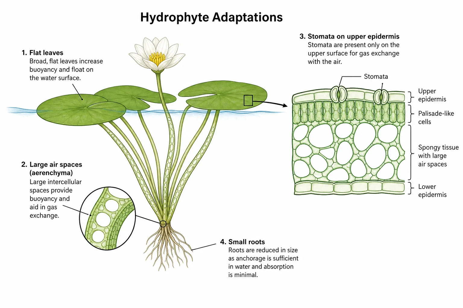 Hydrophyte adaptations in a floating aquatic plant