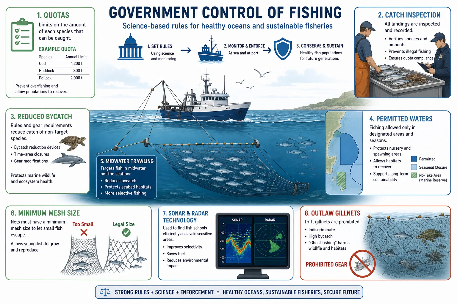 Sustainable management of fish stocks using quotas, nets and closed seasons