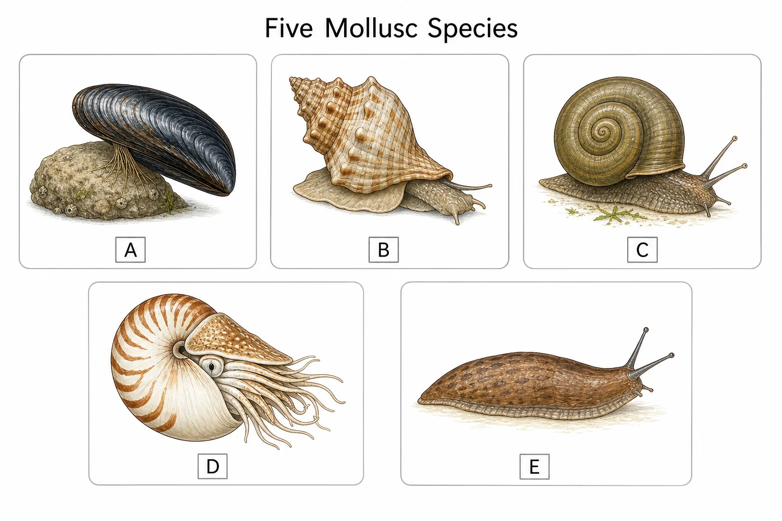 Mollusc shells showing observable features for constructing a dichotomous key