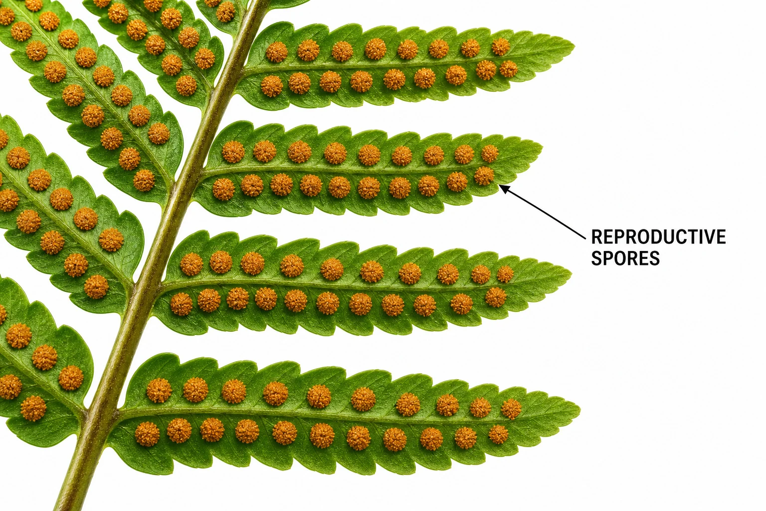 Spore-producing structures on the underside of a fern frond