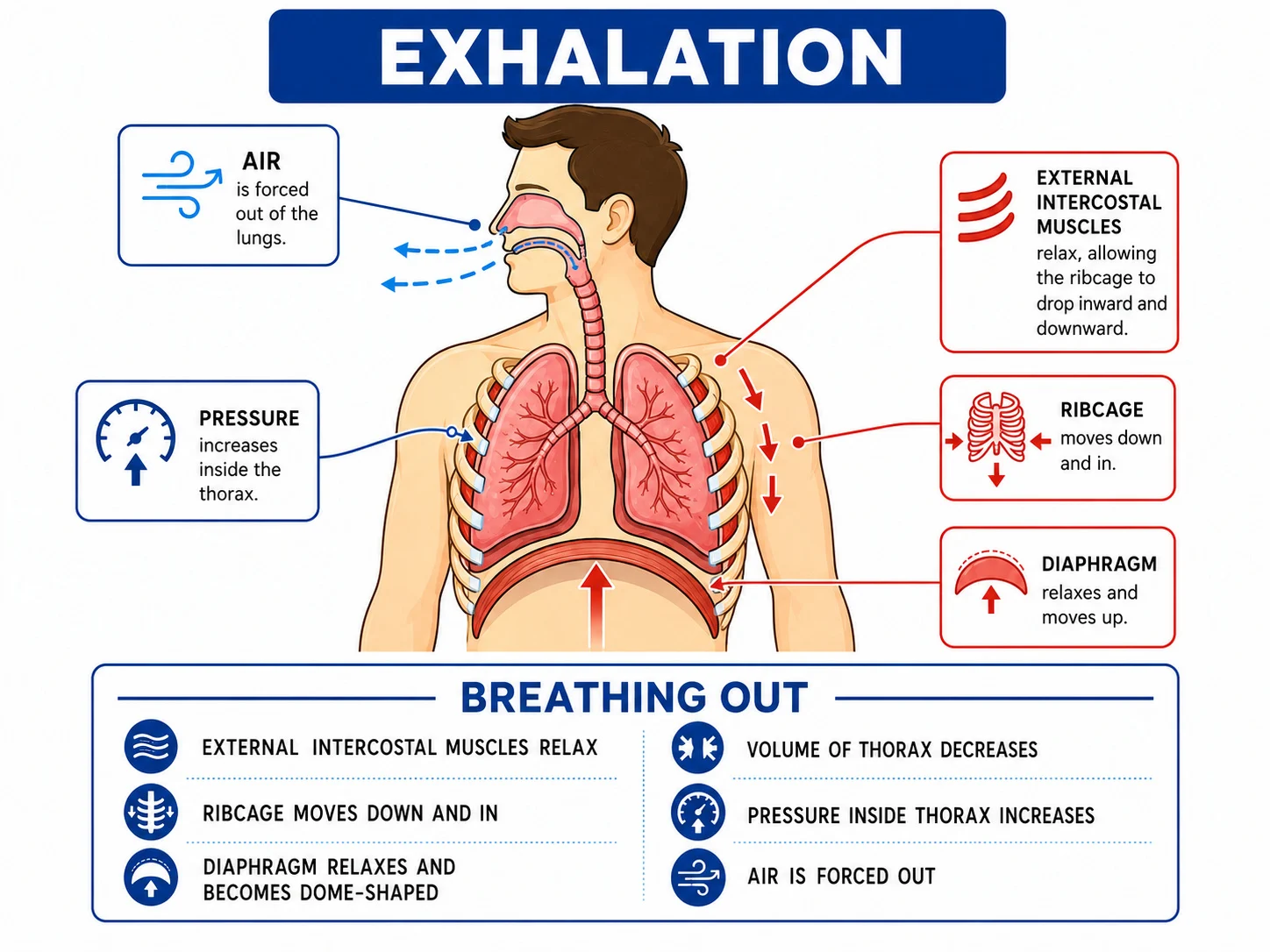 Exhalation: diaphragm relaxation, rib movement and pressure changes