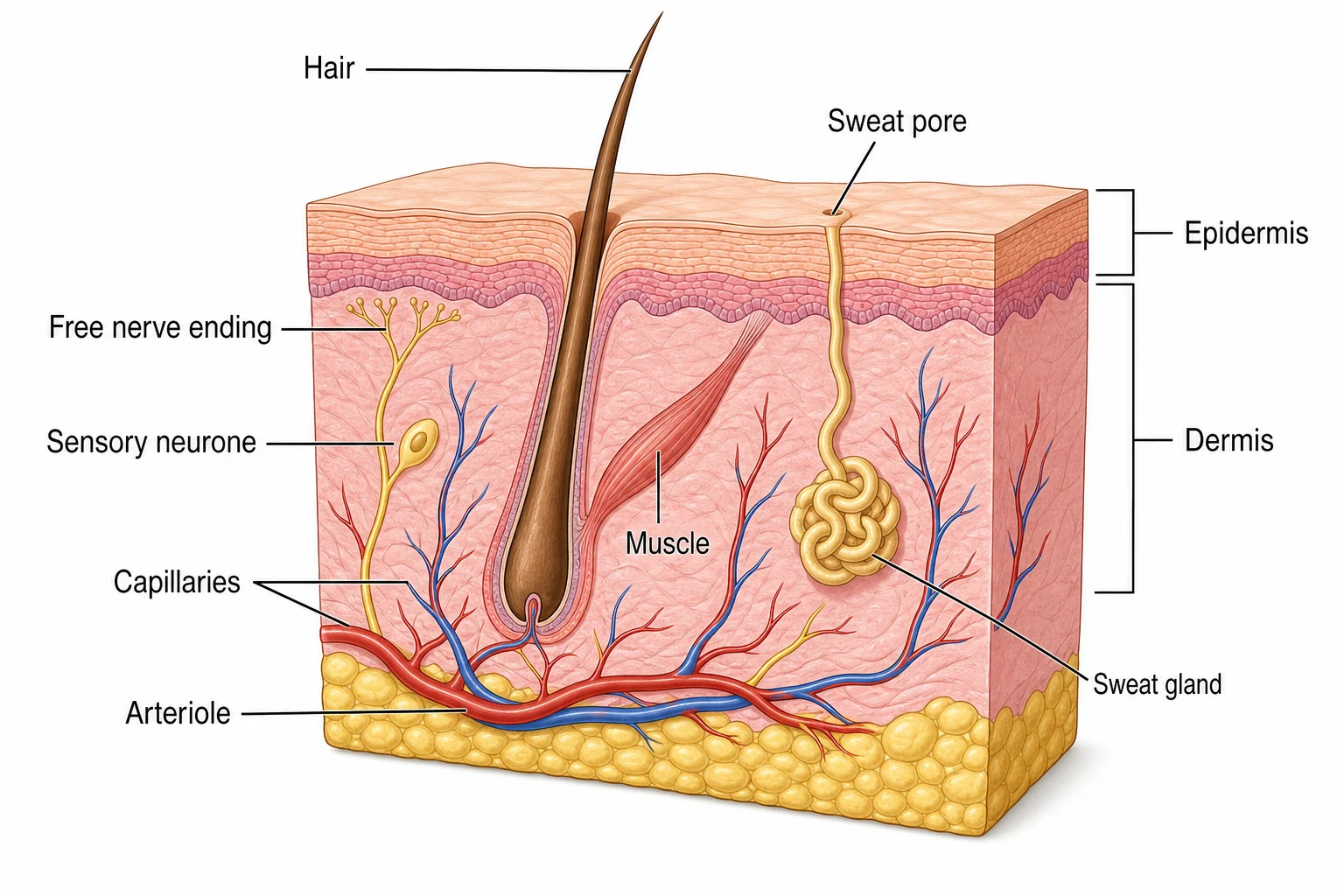 Skin structure including sweat glands, capillaries and sensory receptors