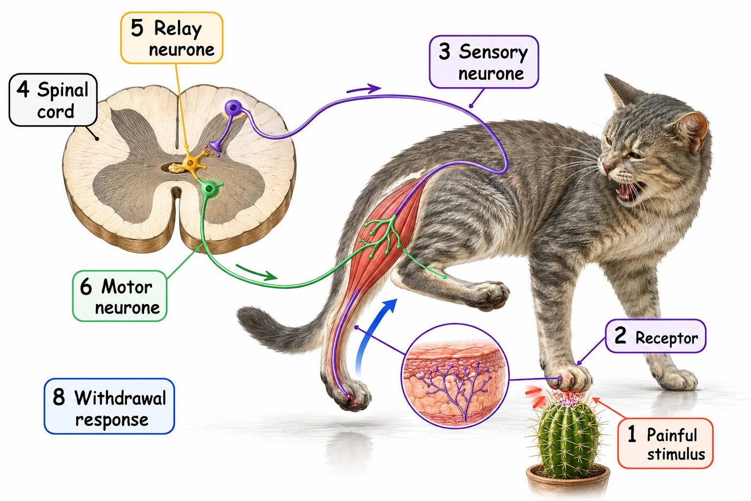 Reflex arc linking receptor, sensory neurone, spinal cord, motor neurone and muscle