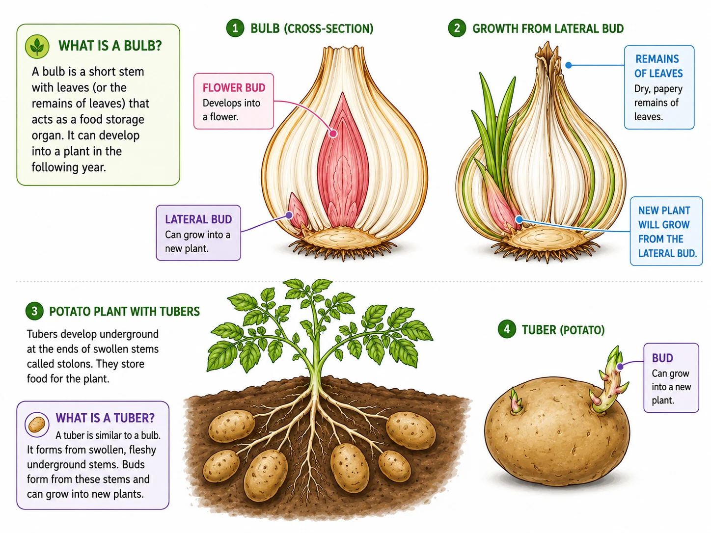 Asexual reproduction by bulbs and tubers