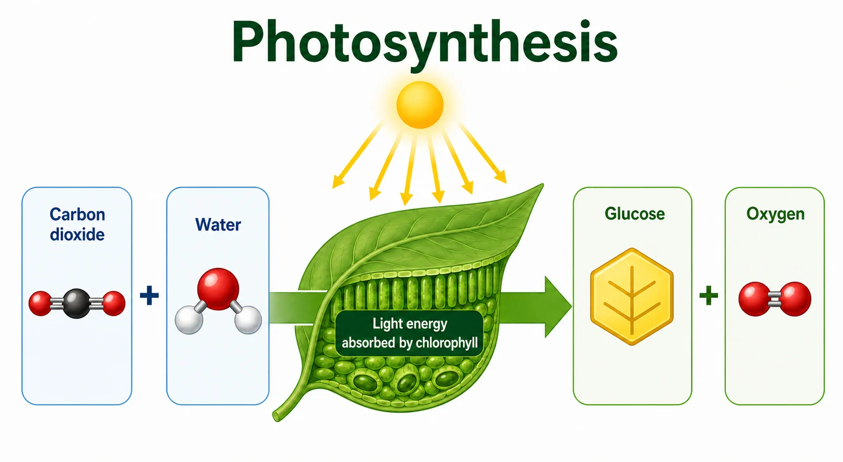 Photosynthesis: light, carbon dioxide and water used to produce glucose and oxygen