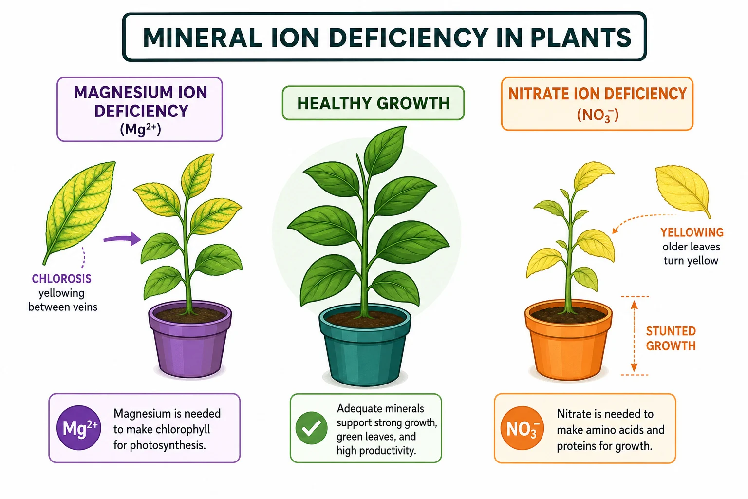 Healthy plant compared with nitrate and magnesium deficiency