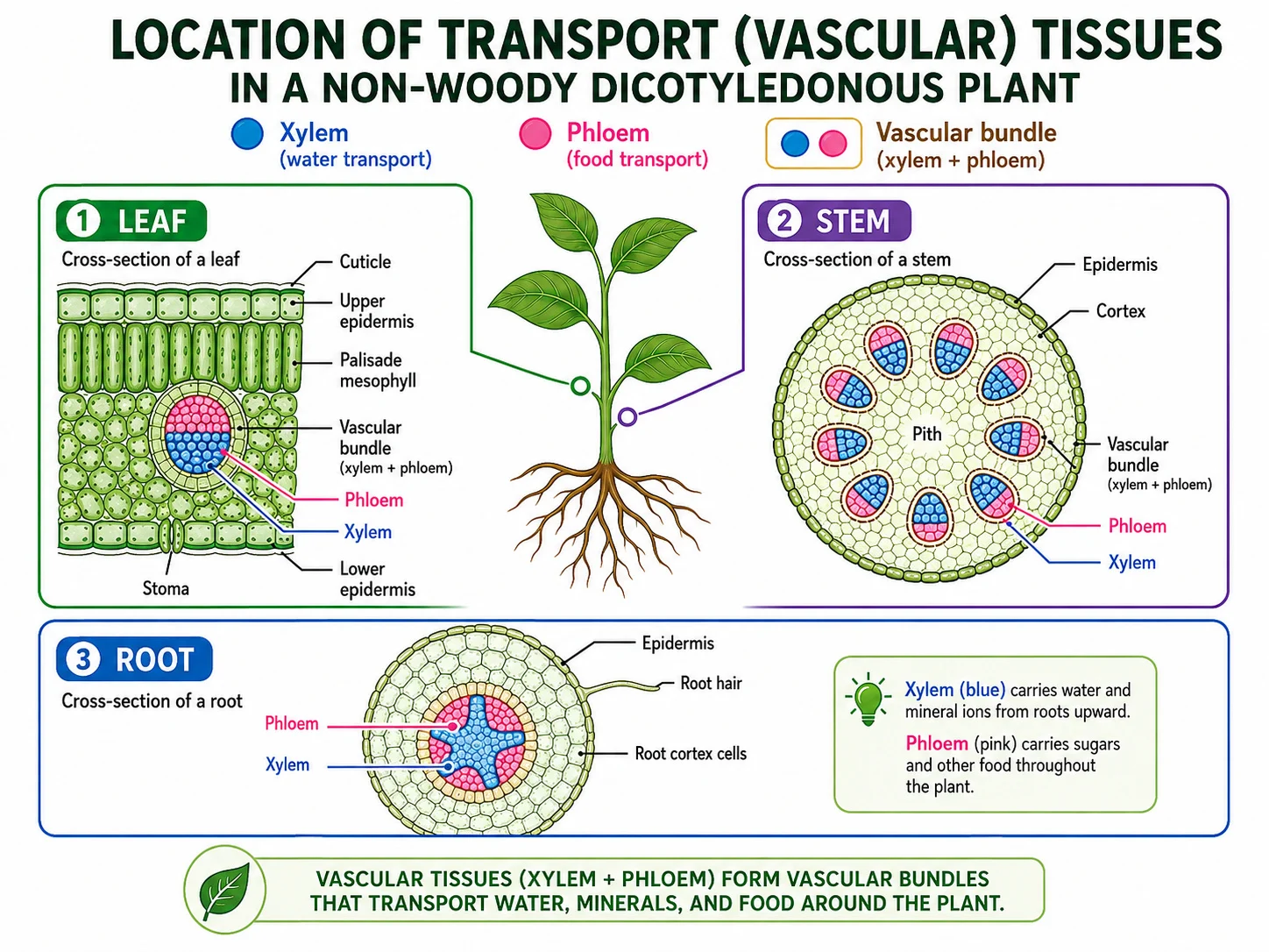 Position of vascular tissues in roots, stems and leaves