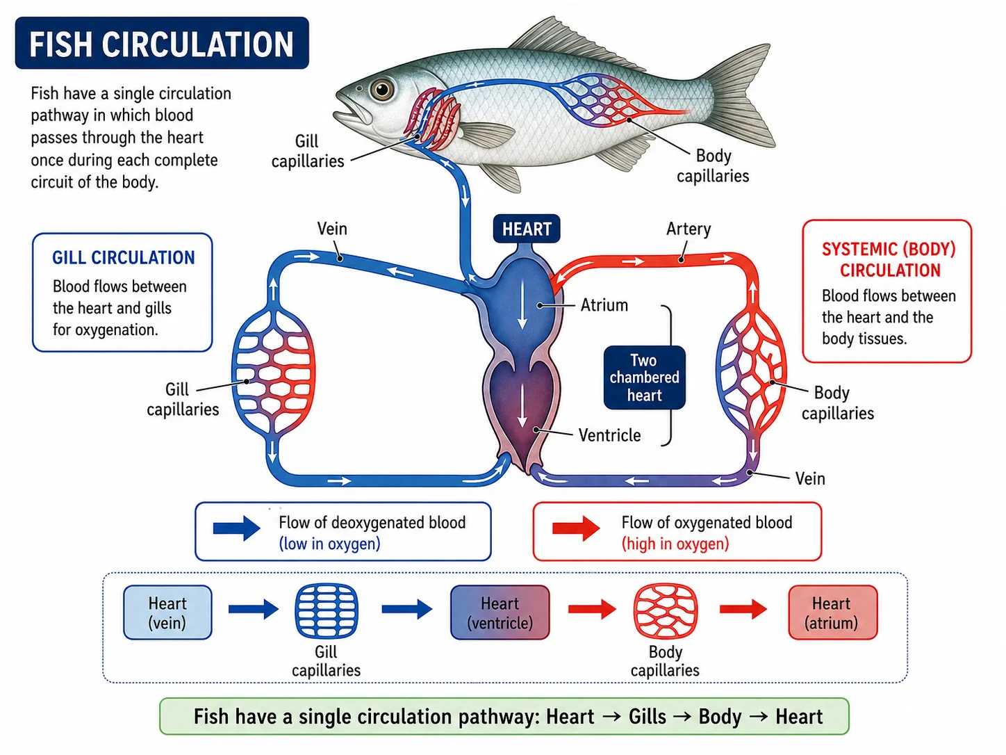 Single circulation in a fish