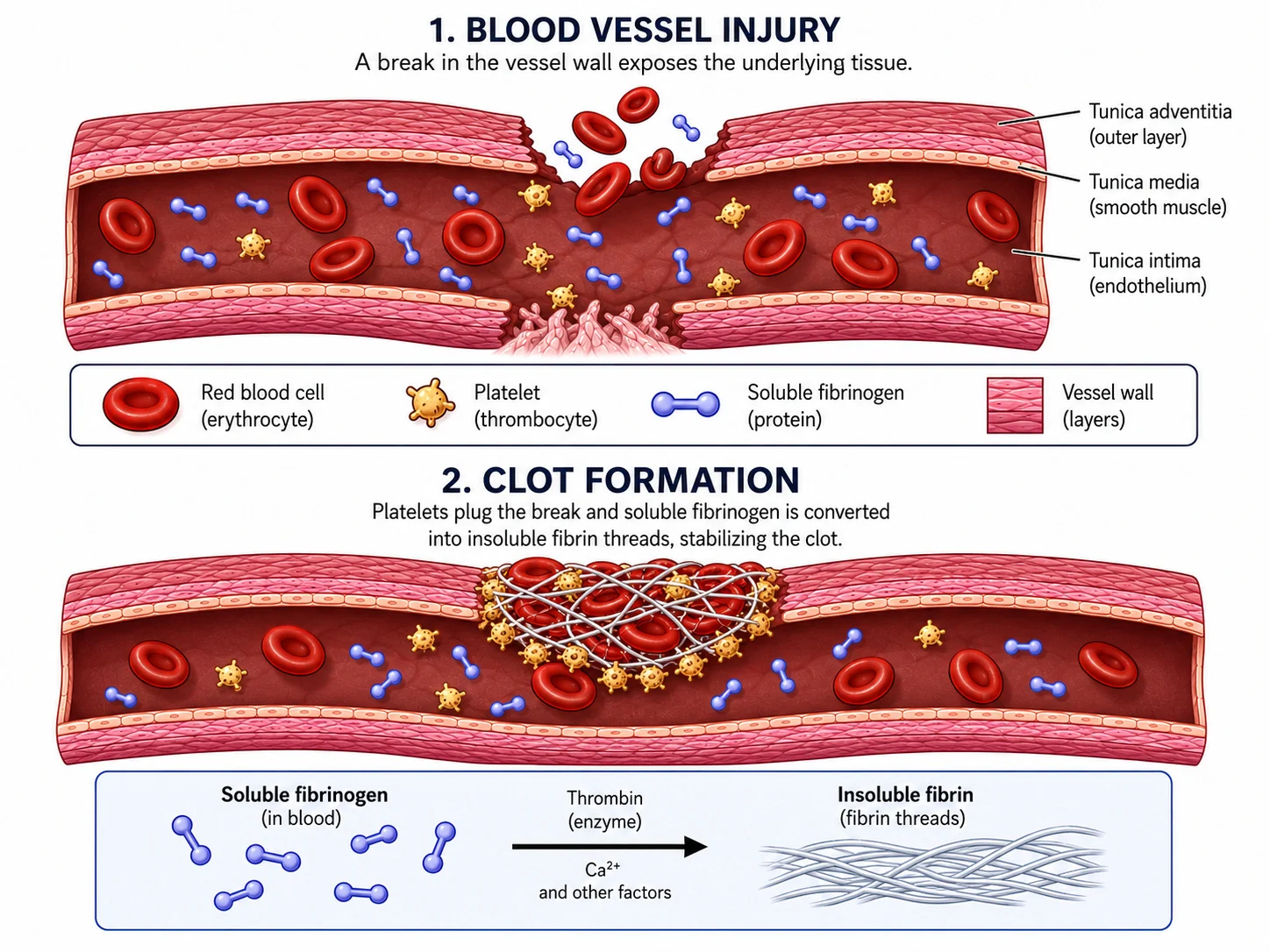 Platelets and fibrin mesh in blood clotting