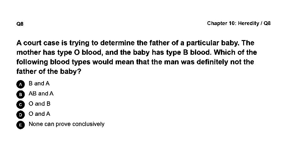 A court case is determining a baby's father. The mother has type O blood and the baby type B. Which blood types would mean the man was definitely not the father?