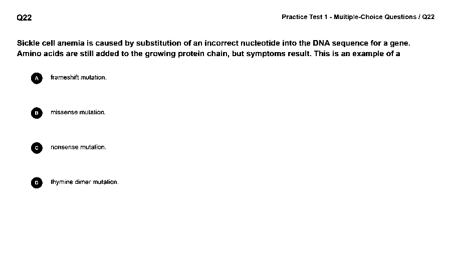 Sickle cell anaemia comes from substituting one incorrect nucleotide, yet amino acids are still added to the chain. This is an example of a
